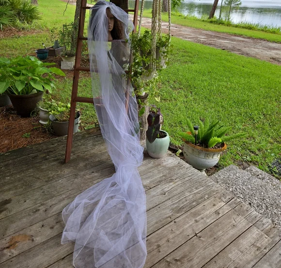 White Trailing Extra-long Tulle Veil - Picture 11 of 11